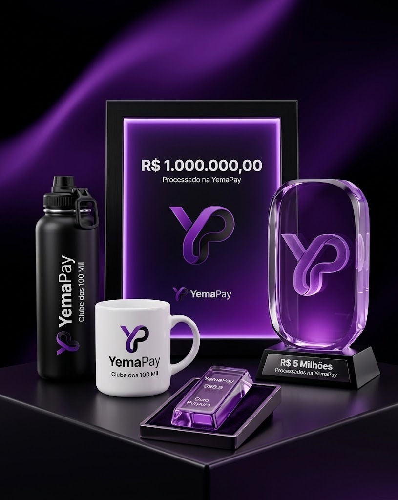 Recompensas Físicas YemaPay - Moldura R$ 1 Milhão, Troféu 5 Milhões, Garrafa Térmica, Caneca e Barra de Ouro Púrpura